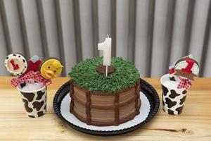 One-year white candle on cake decorated in country theme photo