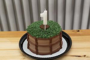 One-year white candle on cake decorated in country theme photo