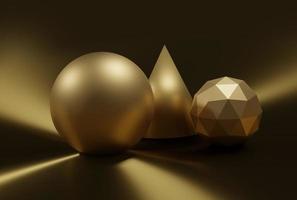 Formas geométricas 3d abstractas en esfera dorada, cono y esfera ico foto
