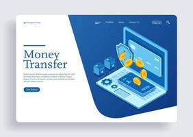 Money transfer from credit card to mobile in isometric vector design