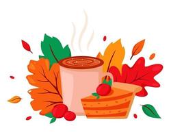 Hello autumn. Coffee cup with pie on autumn leaves background. vector