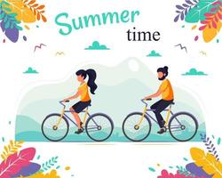 hombre y mujer en bicicleta. estilo de vida saludable, horario de verano vector