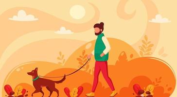 hombre caminando con perro en otoño. parque de otoño. vector