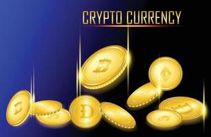 Crypto currency coins 3D flying artwork with golden light vector