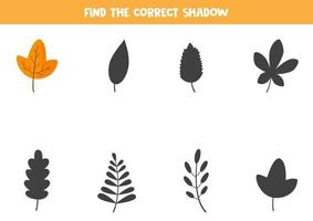 encuentra la sombra correcta de la linda hoja de otoño. rompecabezas lógico para niños. vector