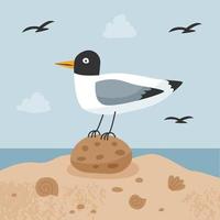 Vector scene with seagull. Seagull sits on a stone.