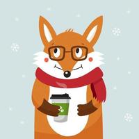 Cute hipster fox with glasses and a scarf. Fox drinks coffee in winter vector