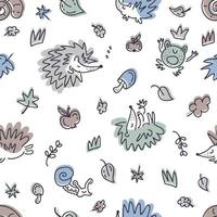 Free hand drawing seamless pattern with hedgehogs and autumn elements vector