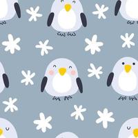 Cartoon style winter penguins with snowflakes seamless pattern. vector