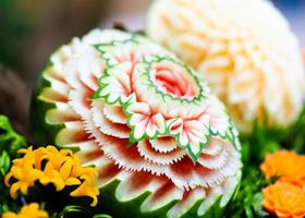 Fruit and vegetable carvings, Display thai fruit carving decoration photo