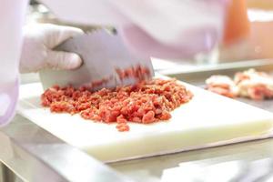 Chef is chopping the raw pork with  knife in the kitchen photo