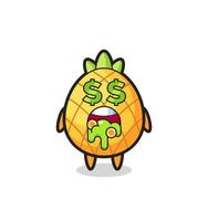 Personaje de piña con expresión de loco por el dinero. vector