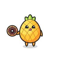 Ilustración de un personaje de piña comiendo una rosquilla vector