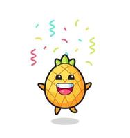 feliz mascota de piña saltando de felicitación con confeti de colores vector