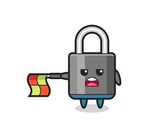 padlock character as line judge hold the flag straight horizontally vector