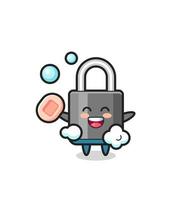 padlock character is bathing while holding soap vector