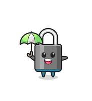 cute padlock illustration holding an umbrella vector