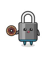 illustration of an padlock character eating a doughnut vector