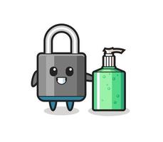 cute padlock cartoon with hand sanitizer vector