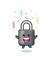 happy padlock mascot jumping for congratulation with colour confetti vector