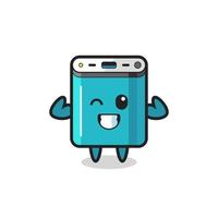 the muscular power bank character is posing showing his muscles vector