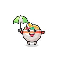 cute noodle bowl illustration holding an umbrella vector