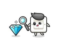 light switch mascot is checking the authenticity of a diamond vector