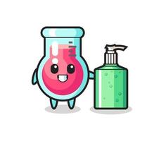 cute laboratory beaker cartoon with hand sanitizer vector