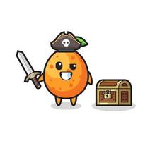 the kumquat pirate character holding sword beside a treasure box vector