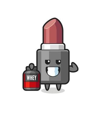 the muscular lipstick character is holding a protein supplement