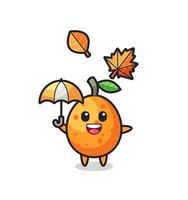 caricatura del lindo kumquat sosteniendo un paraguas en otoño vector
