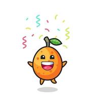 Feliz mascota kumquat saltando de felicitación con confeti de colores vector