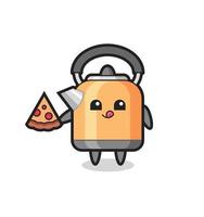 cute kettle cartoon eating pizza vector