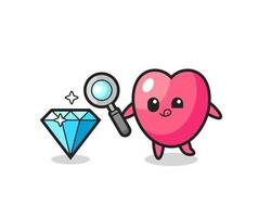 heart symbol mascot is checking the authenticity of a diamond vector