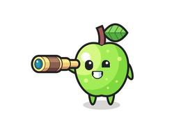 cute green apple character is holding an old telescope vector