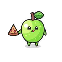 cute green apple cartoon eating pizza vector