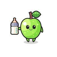 personaje de dibujos animados de manzana verde bebé con botella de leche vector