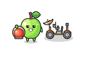 the cute green apple as astronaut with a lunar rover vector