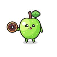 illustration of an green apple character eating a doughnut vector
