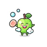 green apple character is bathing while holding soap vector