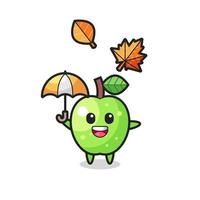 cartoon of the cute green apple holding an umbrella in autumn vector