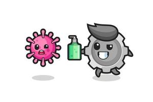 Ilustración de personaje de engranaje persiguiendo virus maligno con desinfectante de manos vector