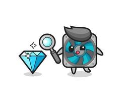 La mascota del ventilador de la computadora está verificando la autenticidad de un diamante. vector