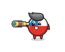 cute chile flag badge character is holding an old telescope vector