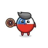 illustration of an chile flag badge character eating a doughnut vector