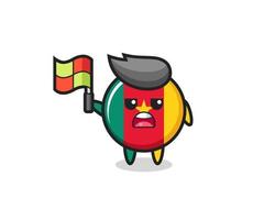 cameroon flag badge character as line judge putting the flag up vector