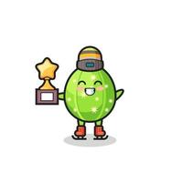 cactus cartoon as an ice skater holding winner trophy vector