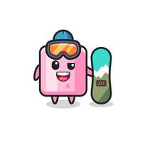 Illustration of marshmallow character with snowboard vector