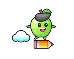 green apple mascot illustration riding on a giant pencil vector