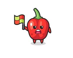 red bell pepper character as line judge putting the flag up vector